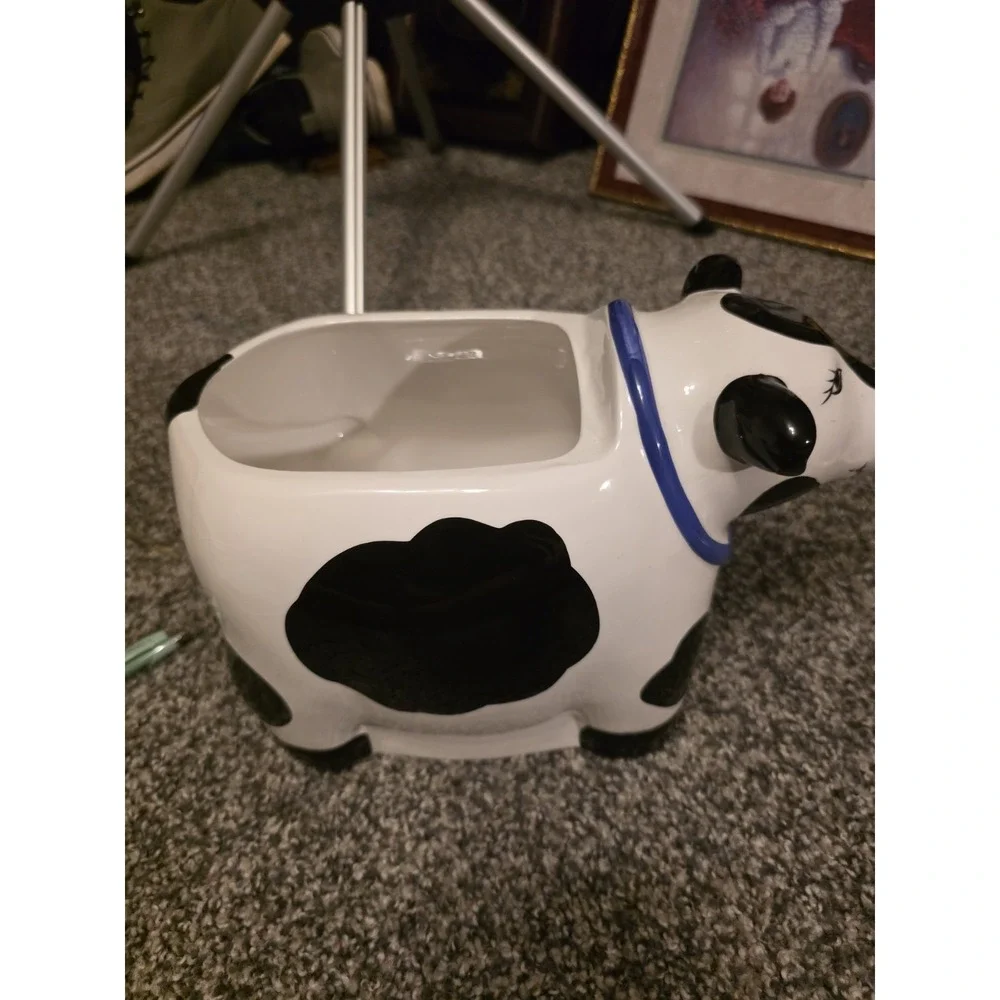 Cow Cookie Jar With Rooster Lid. Small Chip On Lid And Some Red Has Rubbed Off.